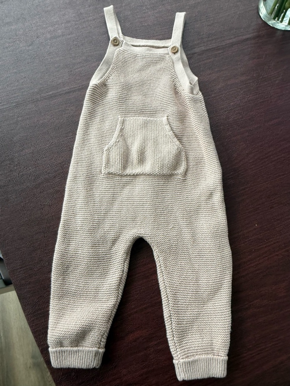 Neutral Cream/Faint Pink Knit Kids Overalls with Front Pocket